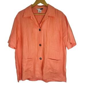 Vintage Studio JPR Womens 100% Linen Short Sleeve Button Down Shirt Coral Size L